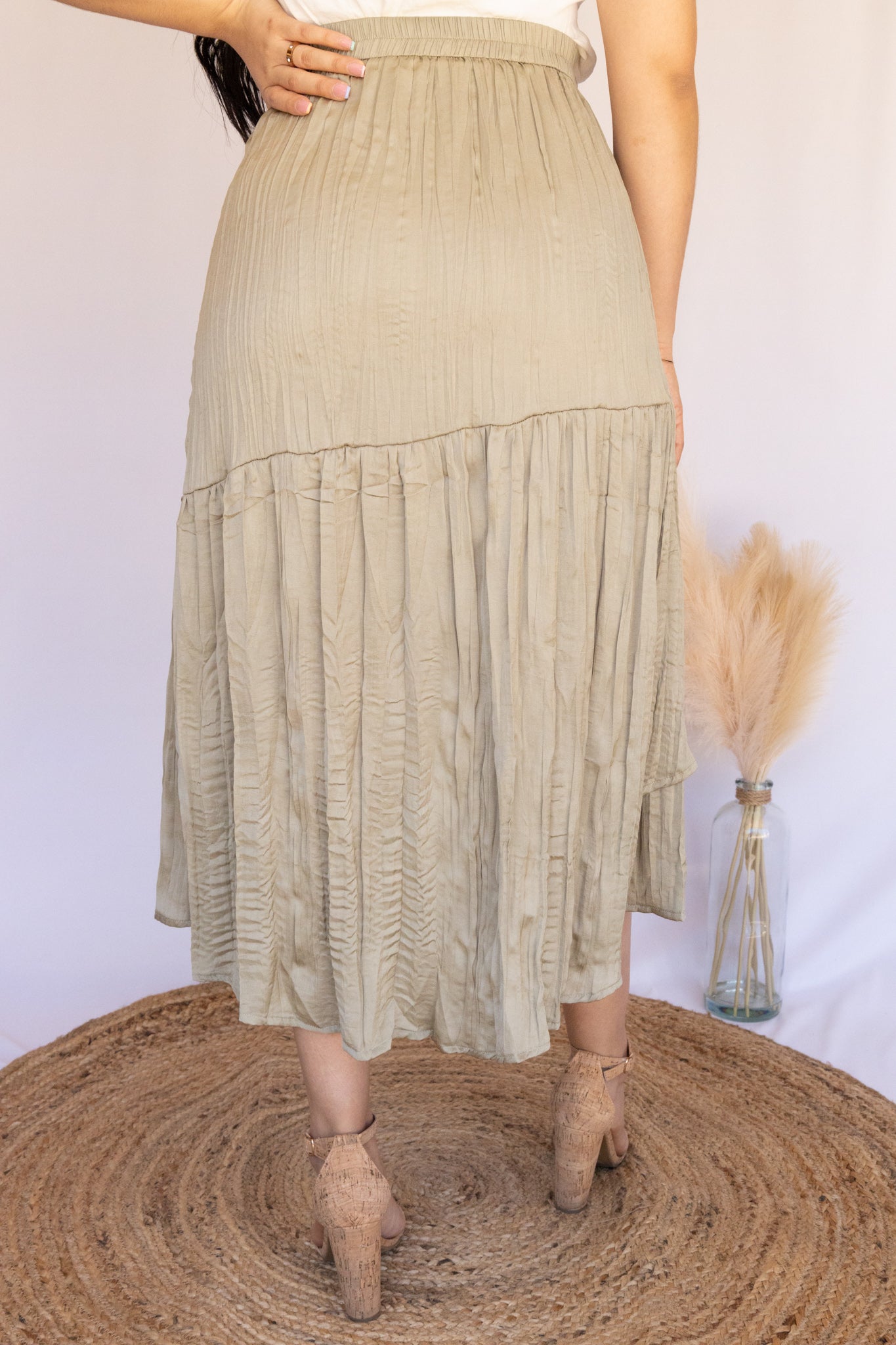 Olive Tiered Satin Midi Skirt