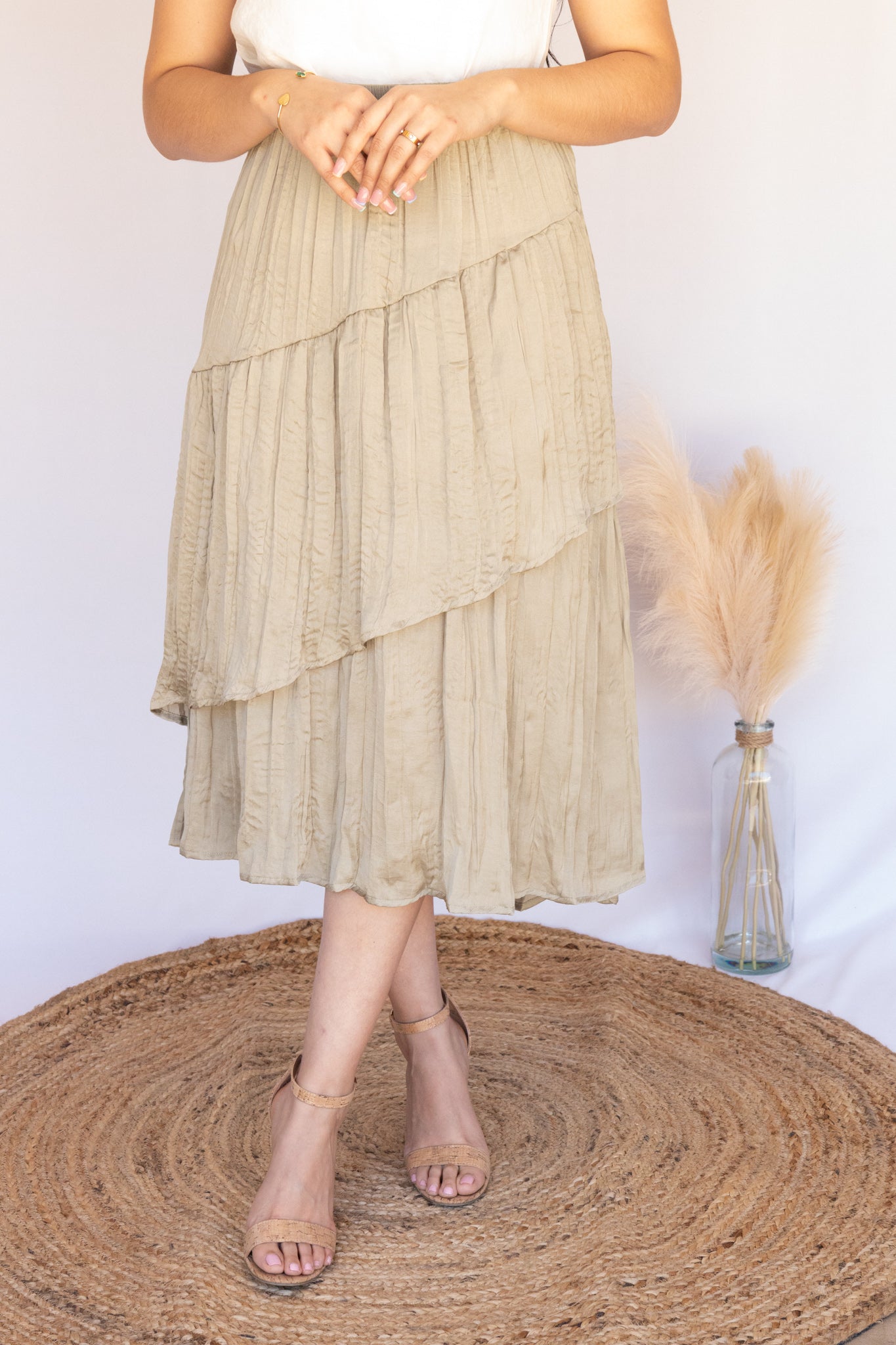 Olive Tiered Satin Midi Skirt