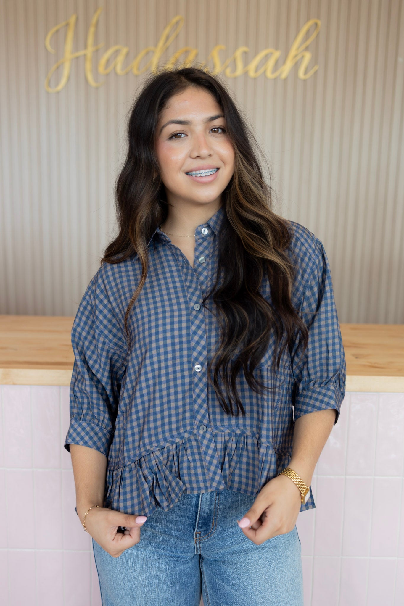 camellia navy blouse
