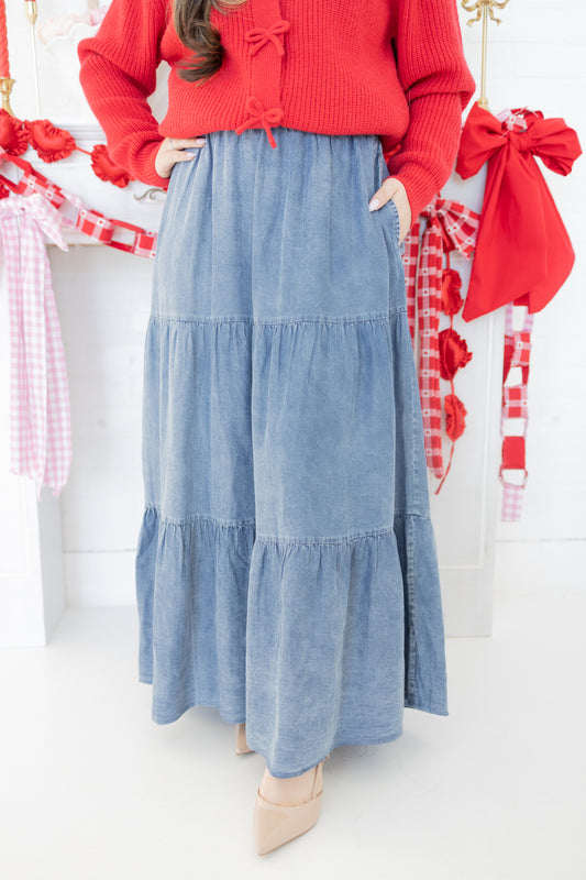 Eliana Denim Tiered Maxi Skirt