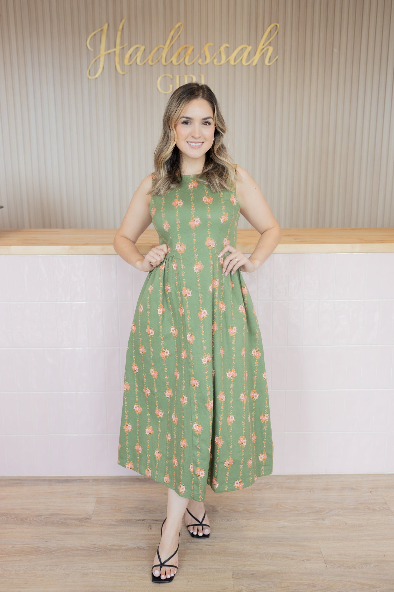 Liliana green rose midi dress