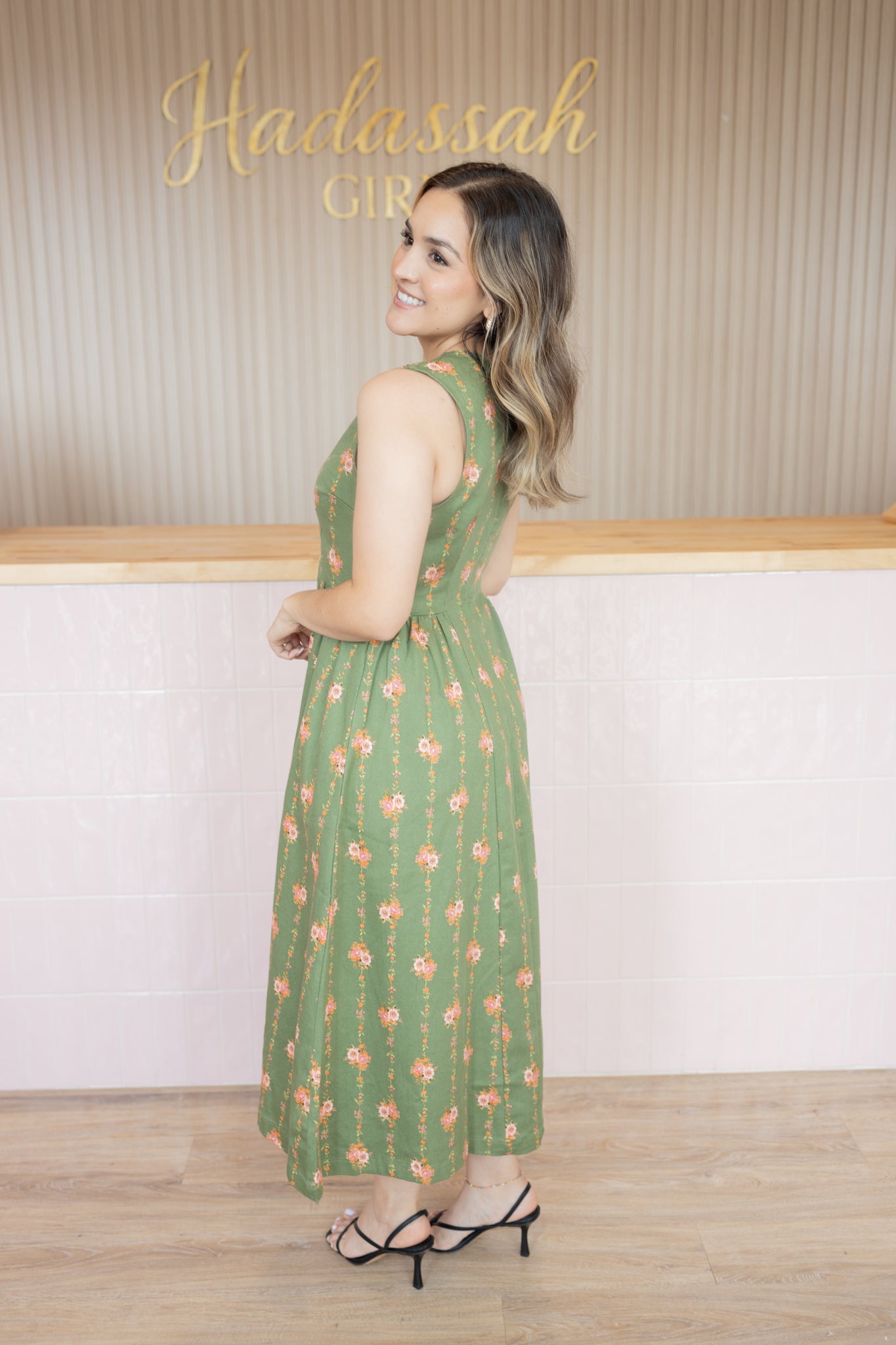 Liliana green rose midi dress