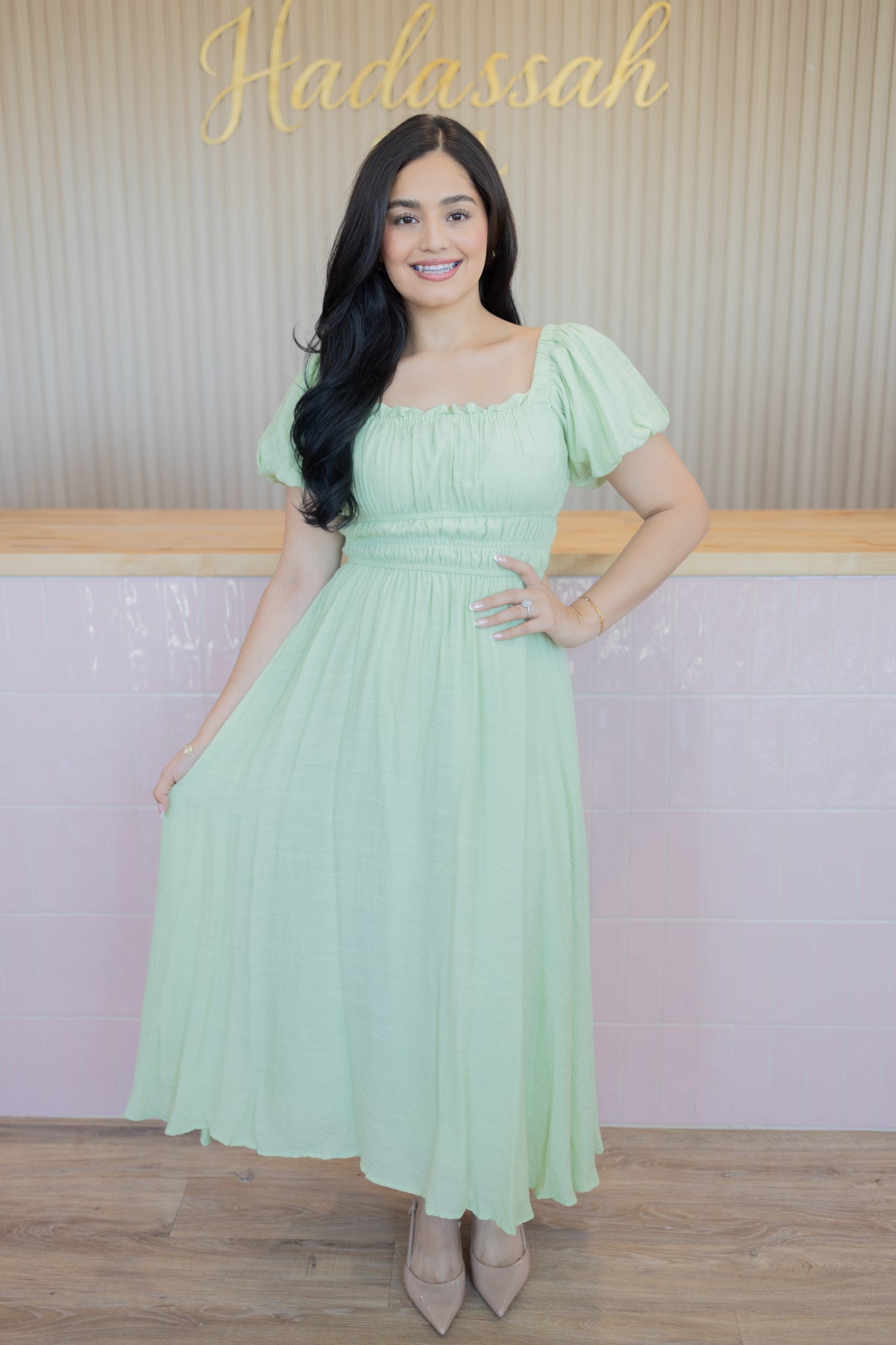 Zoey pistachio midi dress