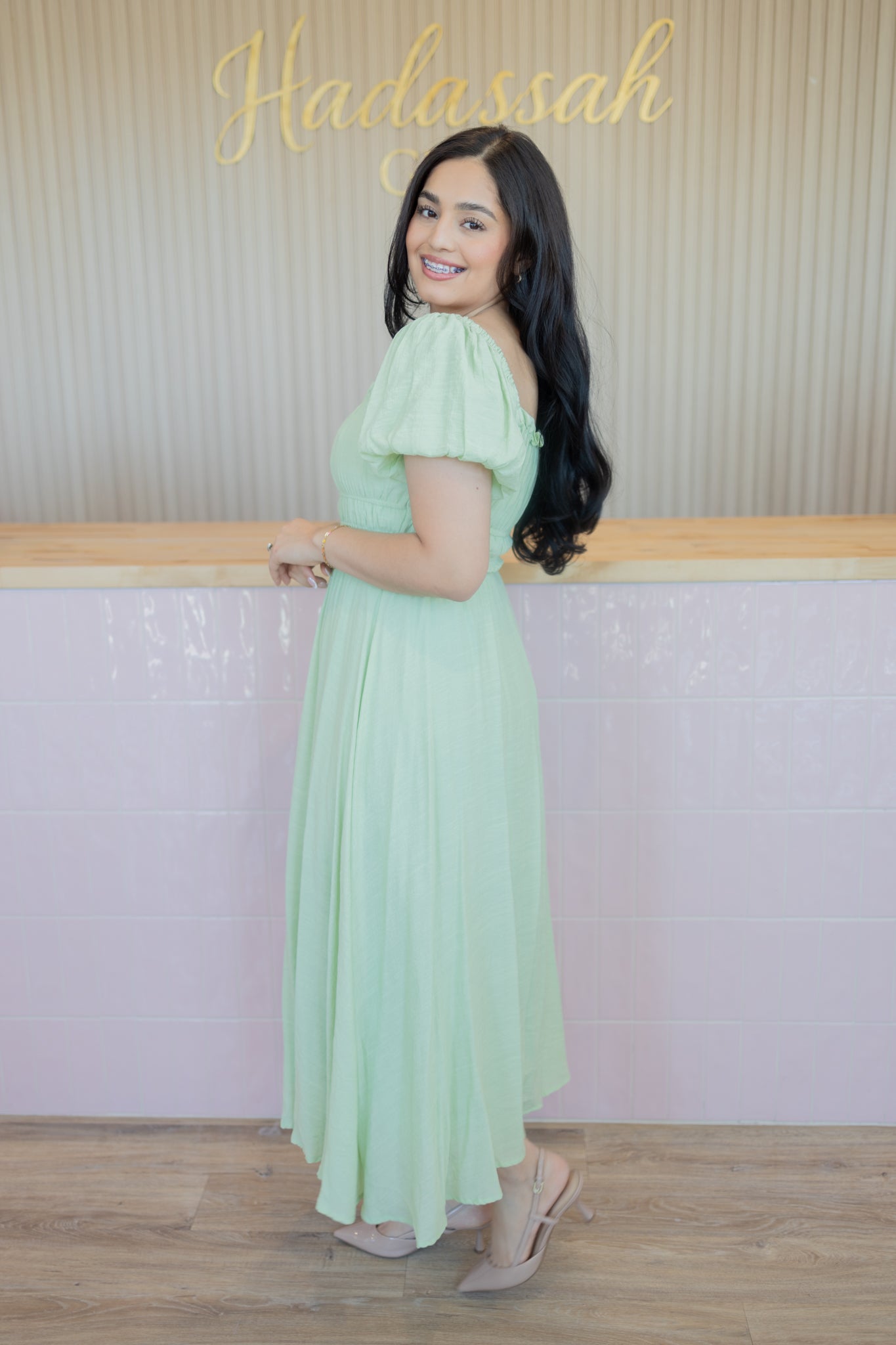 Zoey pistachio midi dress