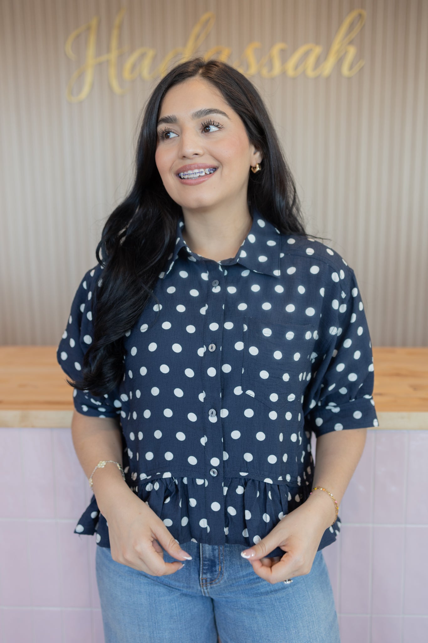 Pretty polka navy top