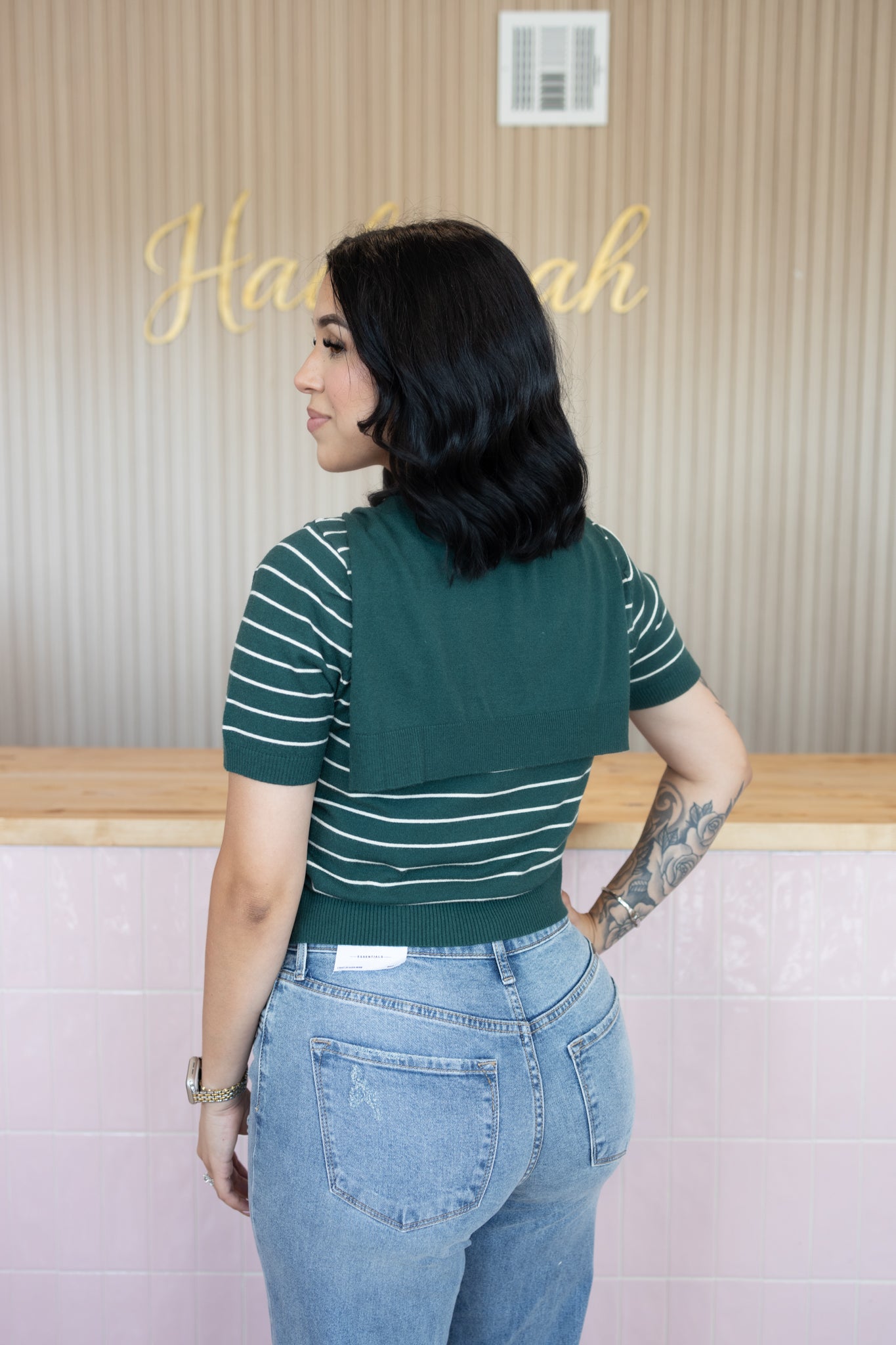 ELEANOR STRIP H GREEN SWEATER TOP