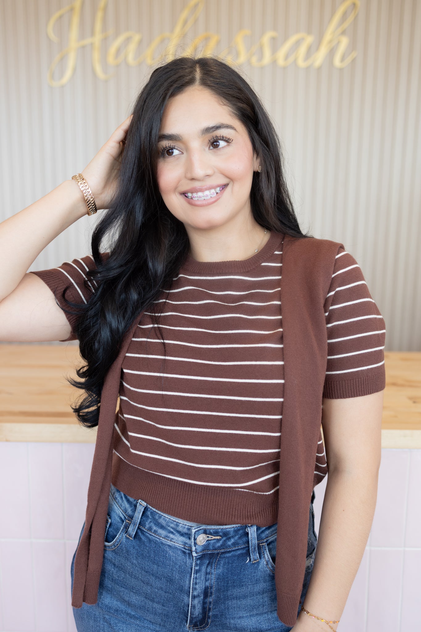 ELEANOR STRIP BROWN SWEATER TOP
