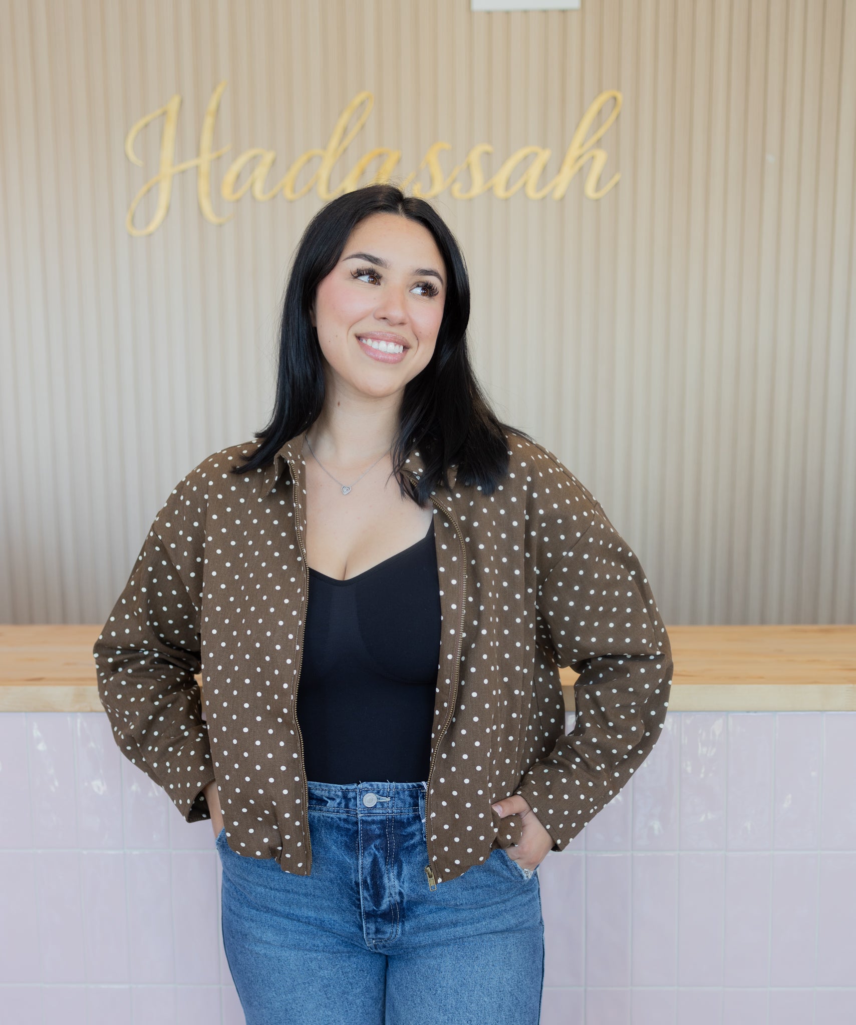 The Bonnie Brown polk dot jacket