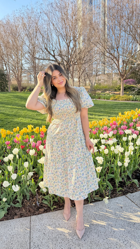 Serene Bloom Cream Midi Dress