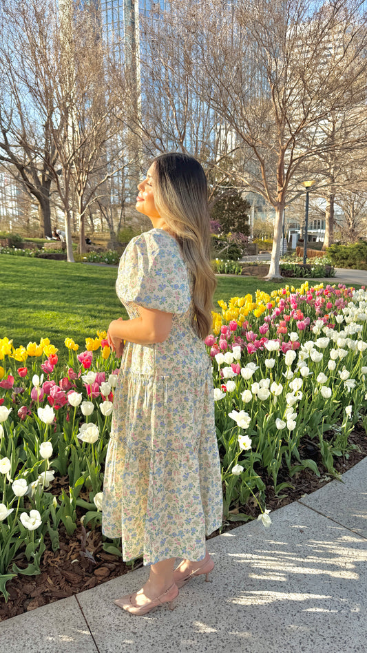 Serene Bloom Cream Midi Dress