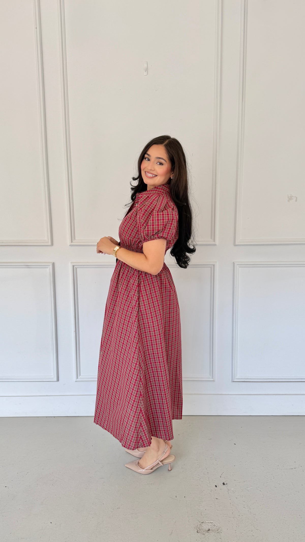 emmeline red midi dress