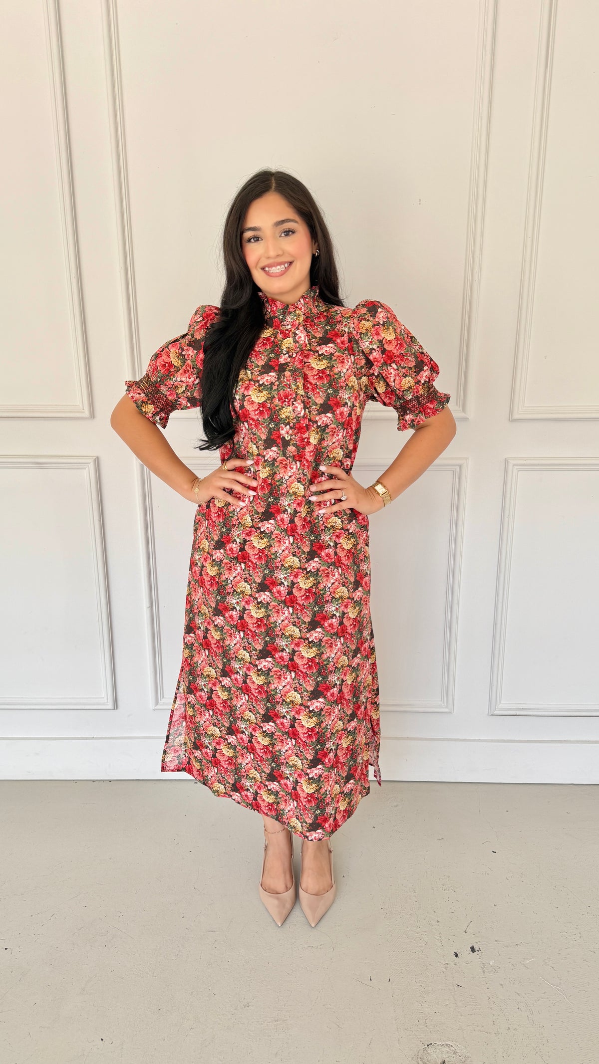 Elora red floral midi dress