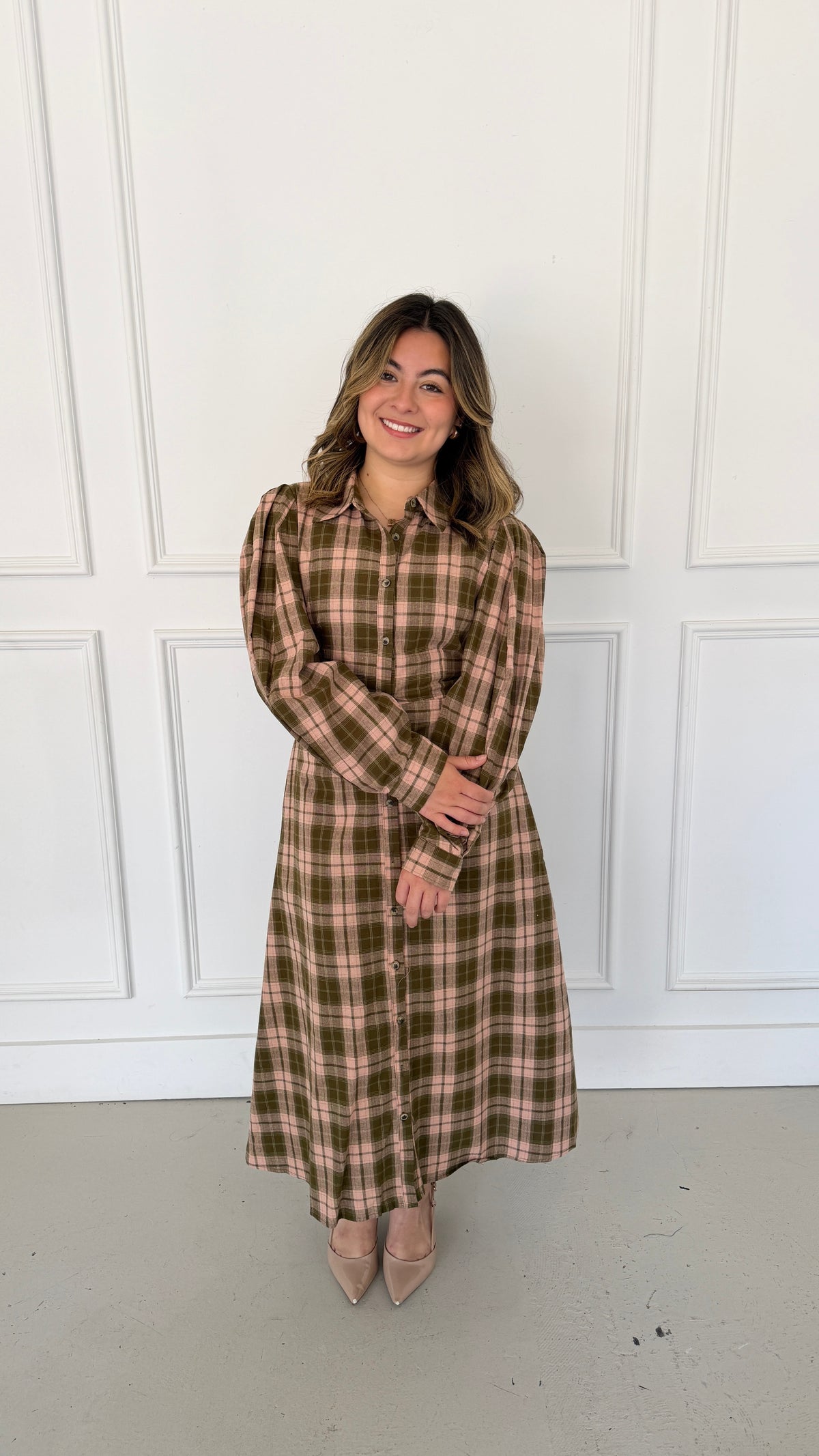 EMBERLY PLAID MIDI DRESS