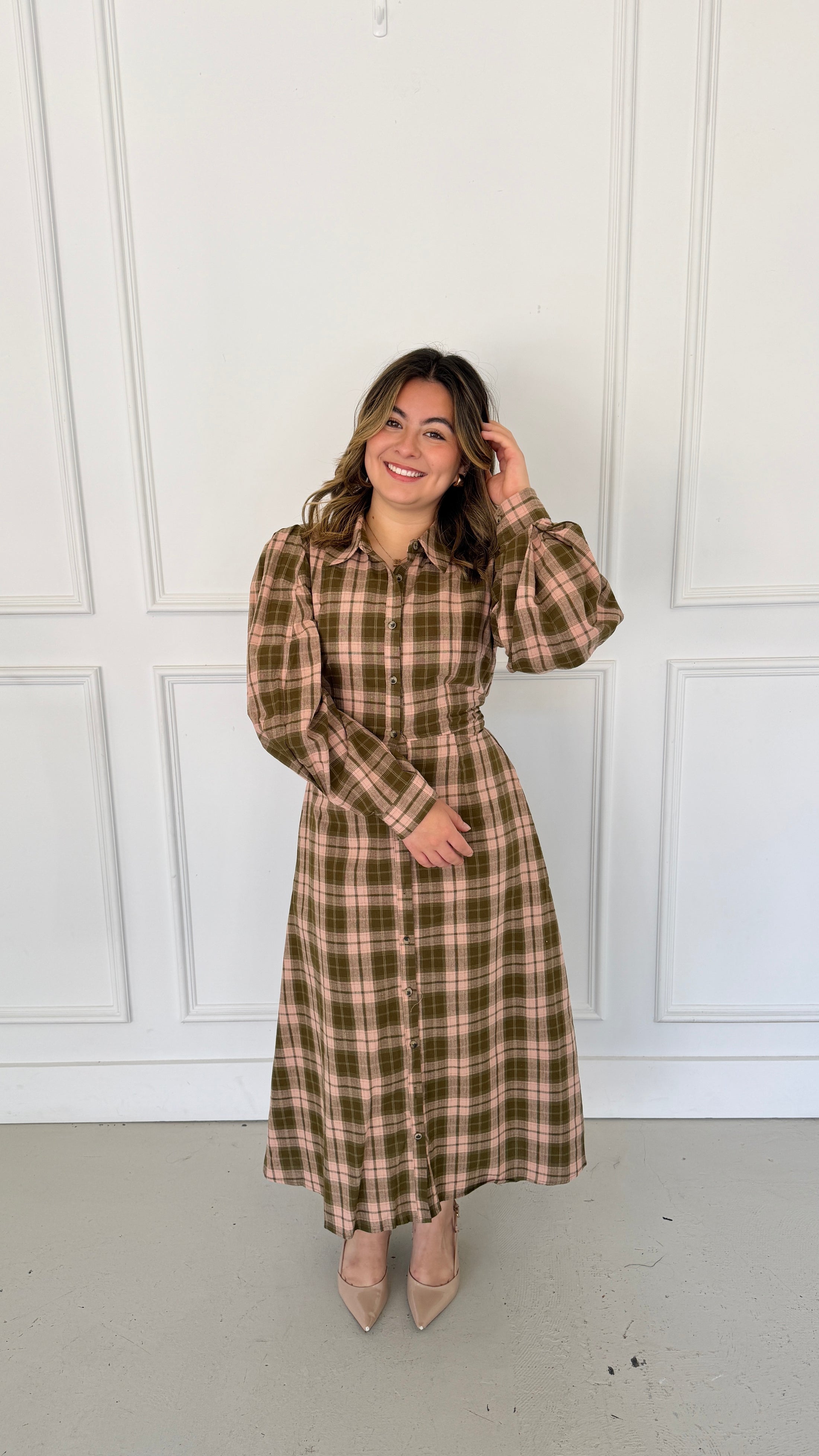 EMBERLY PLAID MIDI DRESS