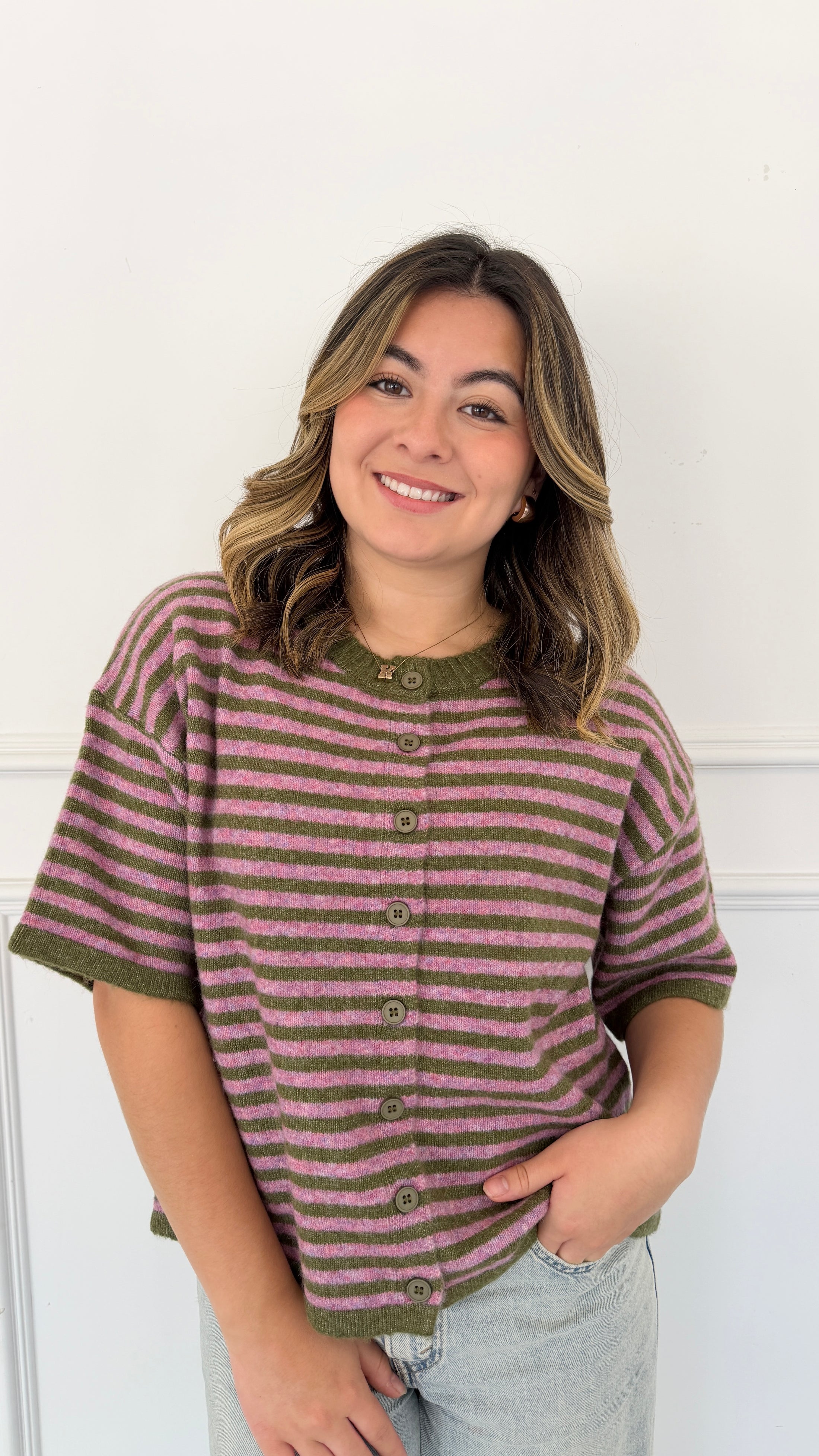 Moss pink stripe cardigan