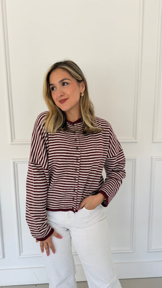 AMARA WINE STRIPE CARDIGAN