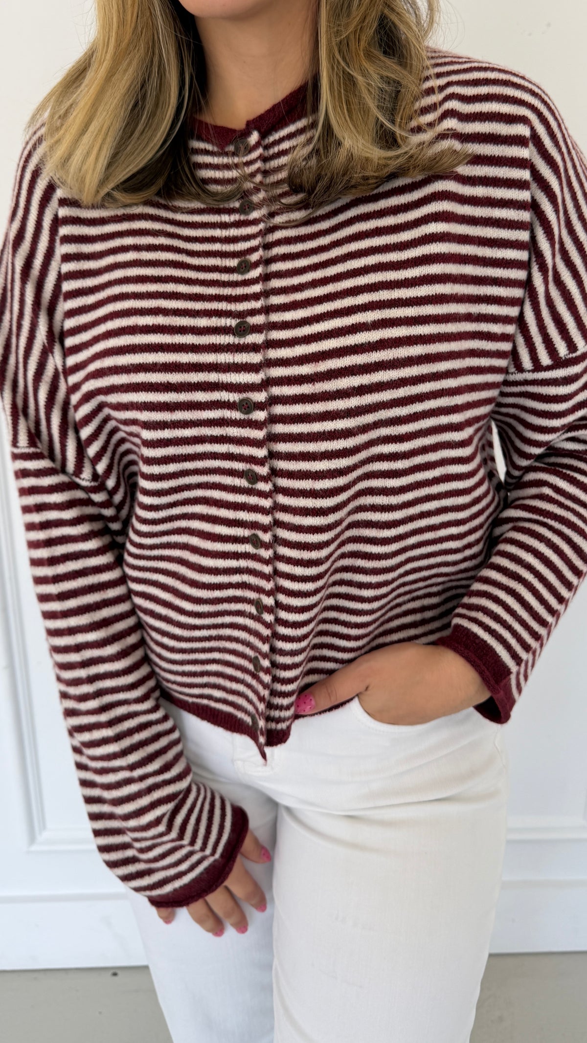 AMARA WINE STRIPE CARDIGAN