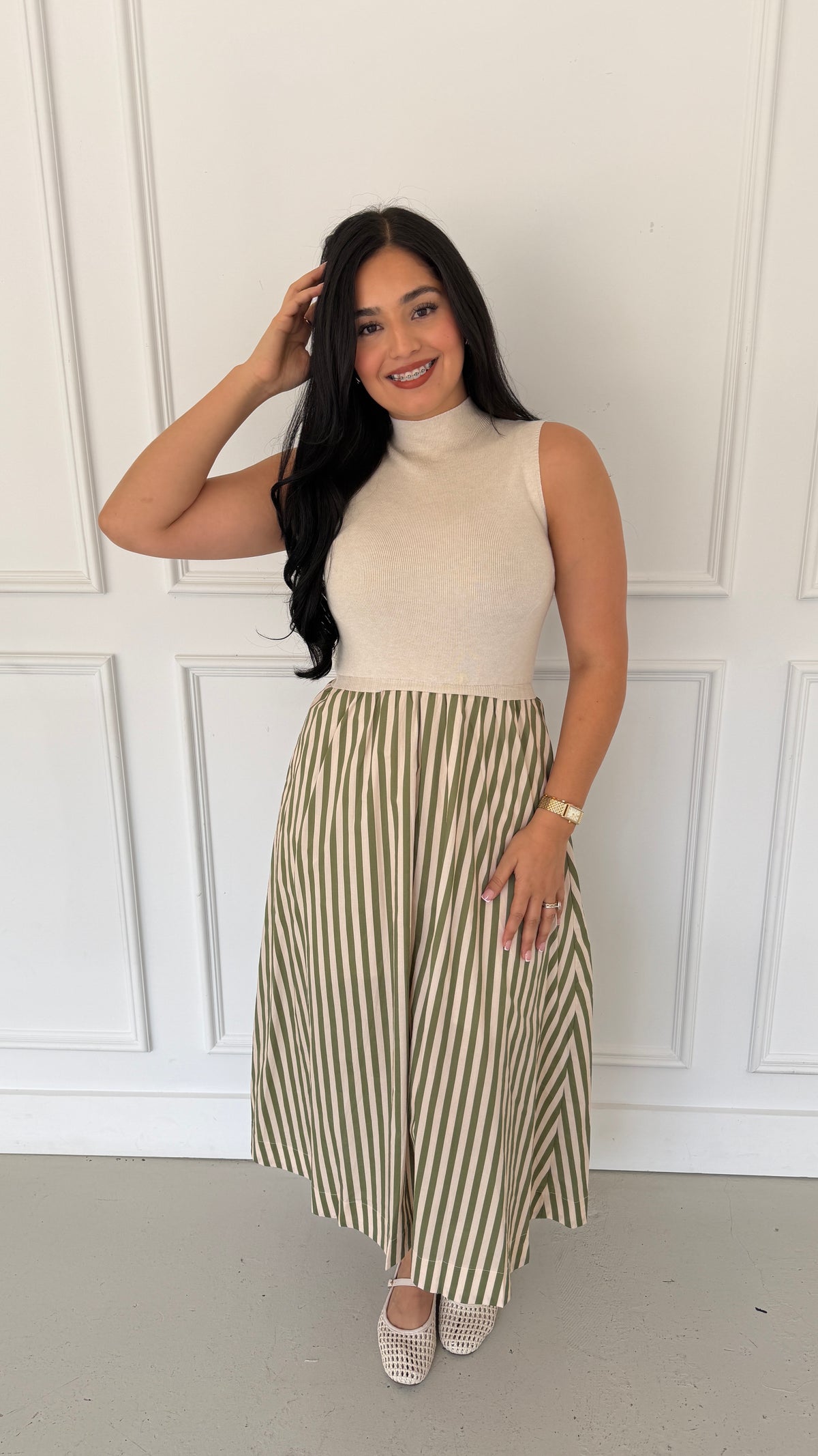 SADIE GREEN STRIPE DRESS