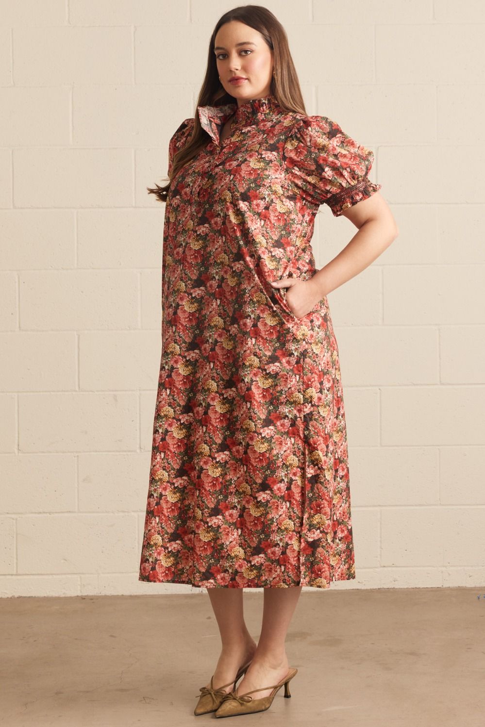 Elora red floral midi dress