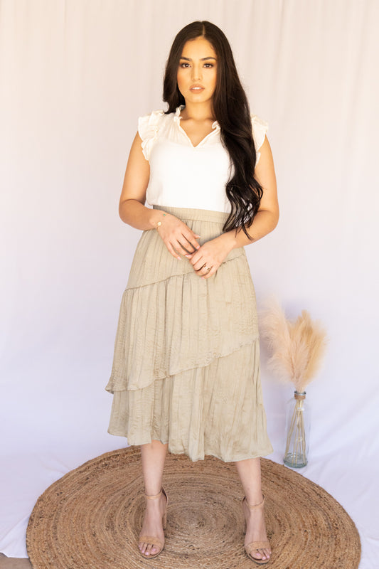 Olive Tiered Satin Midi Skirt